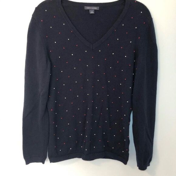 Tommy Hilfiger Pima Cotton V Neck Navy Pindot Sweater Size Large - Picture 2 of 9